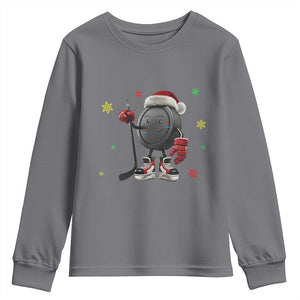 Funny Ice Hockey Holiday Gift Youth Sweatshirt Cute Puck Wearing Santa Hat TS12 Charcoal Print Your Wear