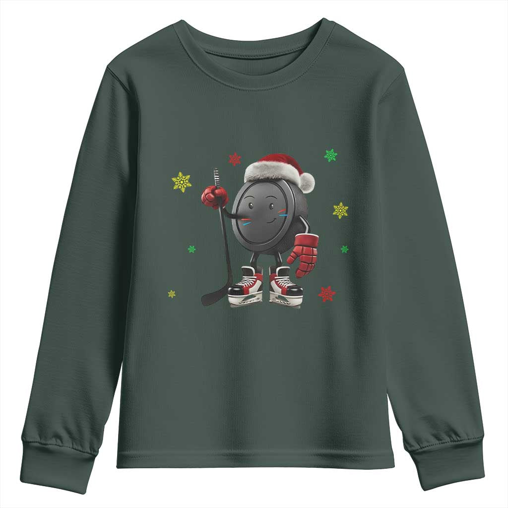 Funny Ice Hockey Holiday Gift Youth Sweatshirt Cute Puck Wearing Santa Hat TS12 Dark Forest Green Print Your Wear