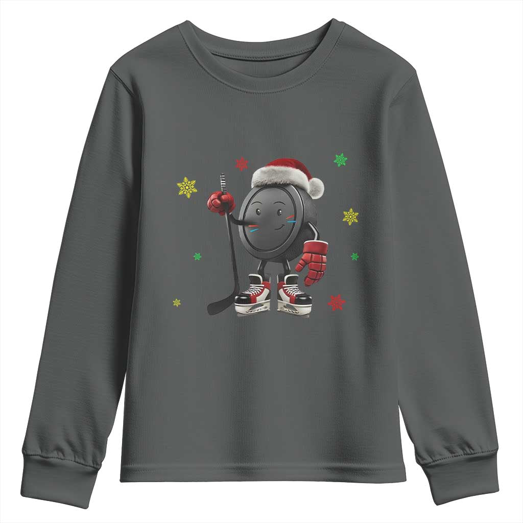 Funny Ice Hockey Holiday Gift Youth Sweatshirt Cute Puck Wearing Santa Hat TS12 Dark Heather Print Your Wear