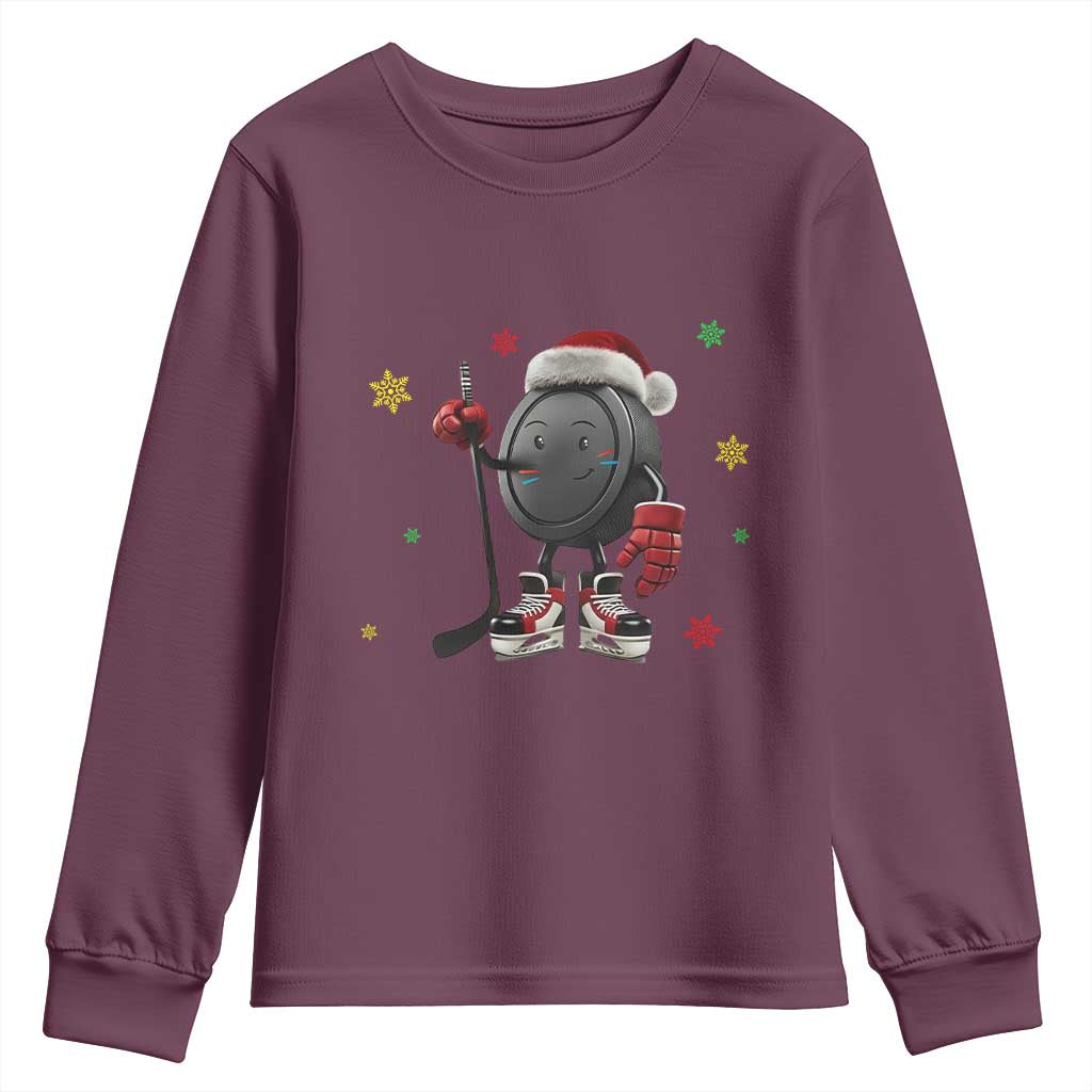 Funny Ice Hockey Holiday Gift Youth Sweatshirt Cute Puck Wearing Santa Hat TS12 Maroon Print Your Wear