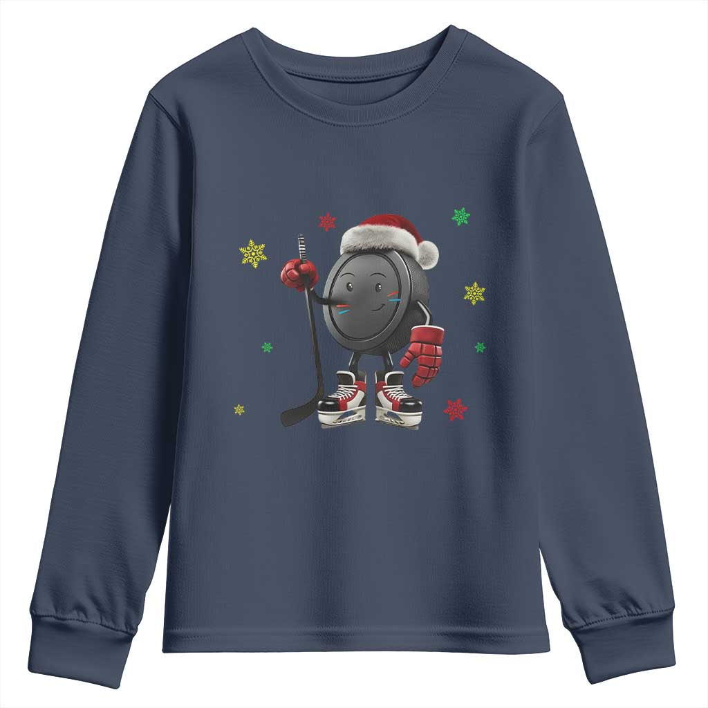 Funny Ice Hockey Holiday Gift Youth Sweatshirt Cute Puck Wearing Santa Hat TS12 Navy Print Your Wear