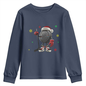 Funny Ice Hockey Holiday Gift Youth Sweatshirt Cute Puck Wearing Santa Hat TS12 Navy Print Your Wear