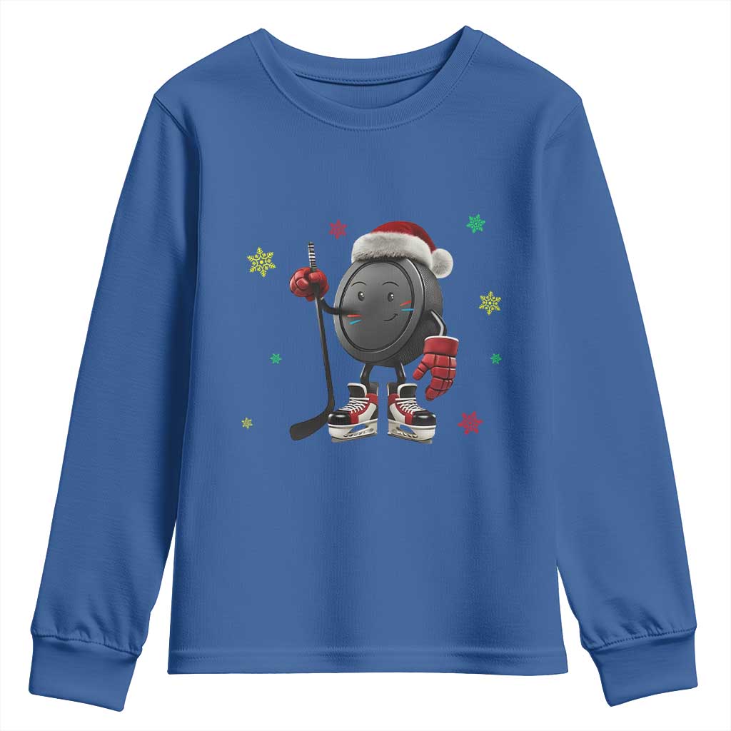 Funny Ice Hockey Holiday Gift Youth Sweatshirt Cute Puck Wearing Santa Hat TS12 Royal Blue Print Your Wear