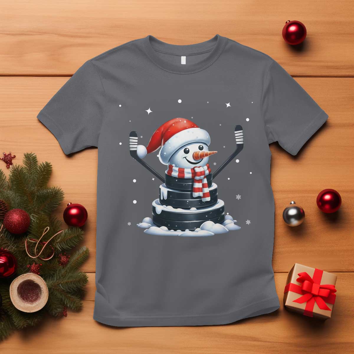 Hockey Puck Snowman T Shirt Funny Holiday Christmas Gift TS12 Charcoal Print Your Wear