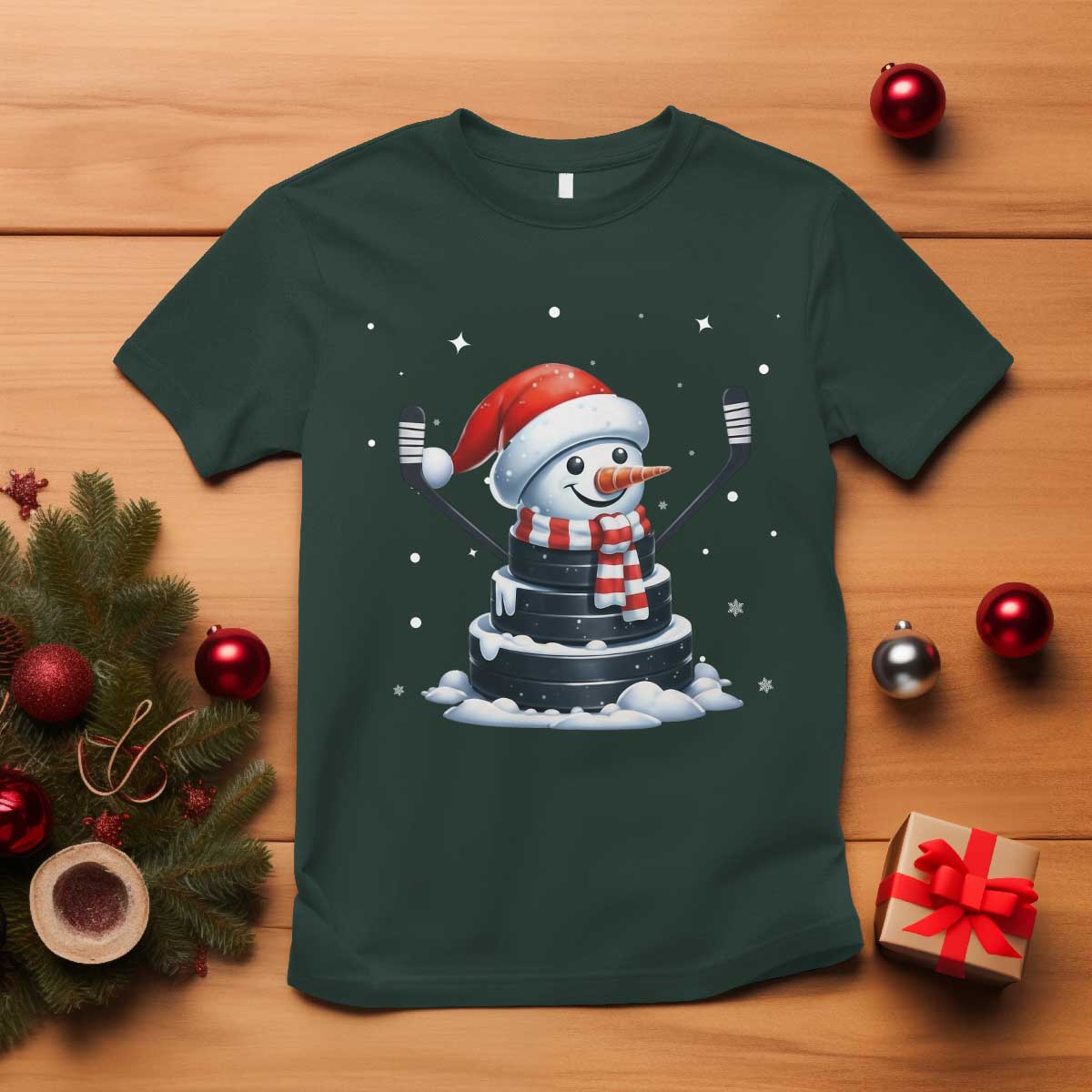 Hockey Puck Snowman T Shirt Funny Holiday Christmas Gift TS12 Dark Forest Green Print Your Wear
