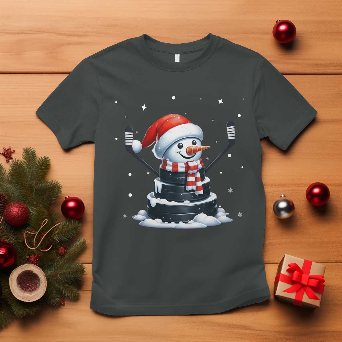 Hockey Puck Snowman T Shirt Funny Holiday Christmas Gift TS12 Dark Heather Print Your Wear