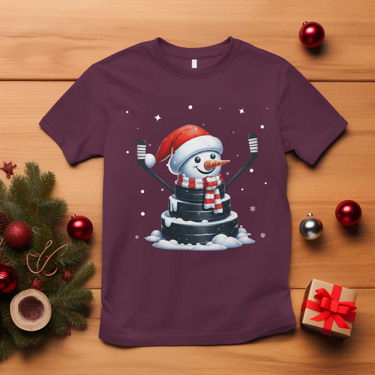 Hockey Puck Snowman T Shirt Funny Holiday Christmas Gift TS12 Maroon Print Your Wear