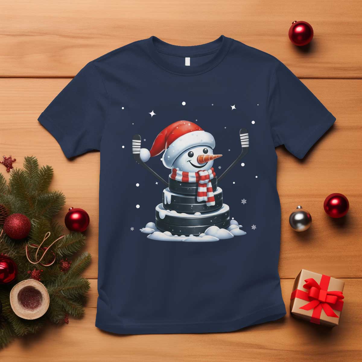 Hockey Puck Snowman T Shirt Funny Holiday Christmas Gift TS12 Navy Print Your Wear
