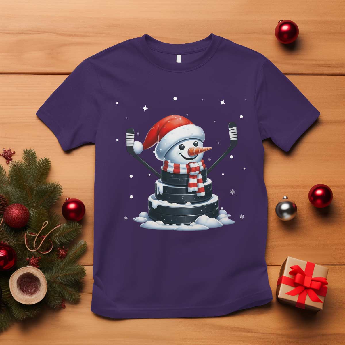 Hockey Puck Snowman T Shirt Funny Holiday Christmas Gift TS12 Purple Print Your Wear