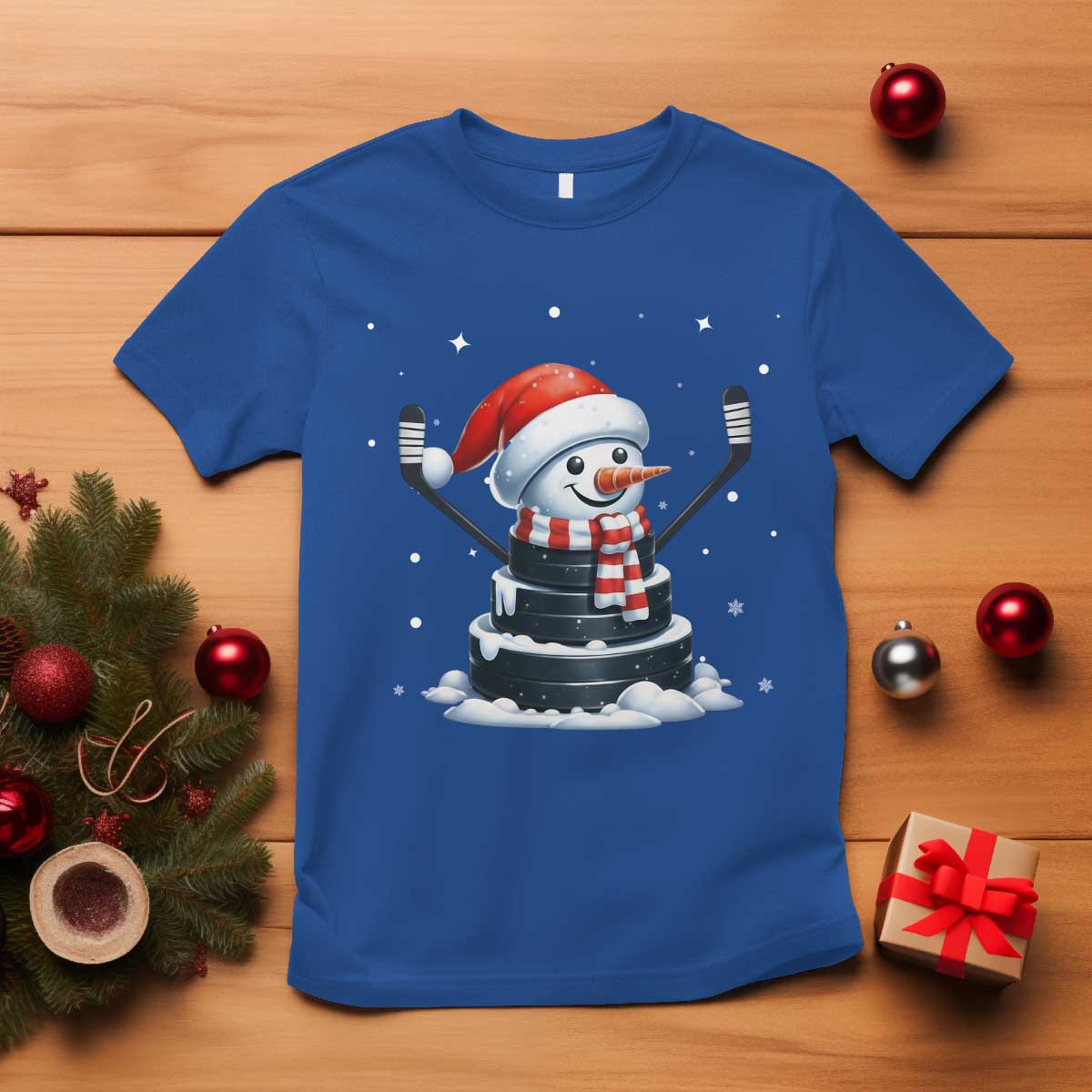 Hockey Puck Snowman T Shirt Funny Holiday Christmas Gift TS12 Royal Blue Print Your Wear
