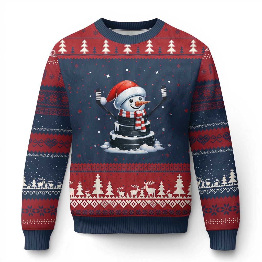Hockey Puck Snowman Ugly Christmas Sweater Funny Holiday Xmas Gift TS12 Navy Red Print Your Wear
