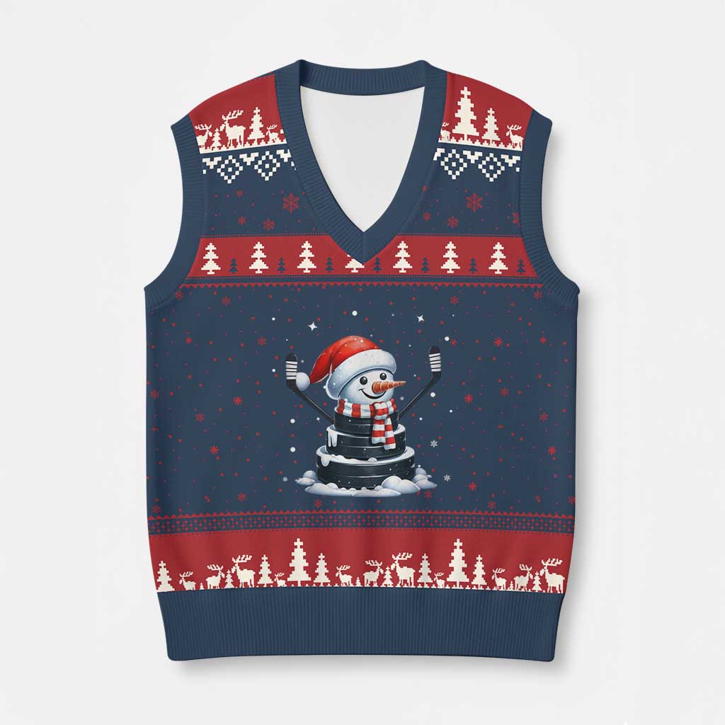 Hockey Puck Snowman V-Neck Knit Sweater Vest Funny Holiday Xmas Gift TS12 Navy Red Print Your Wear
