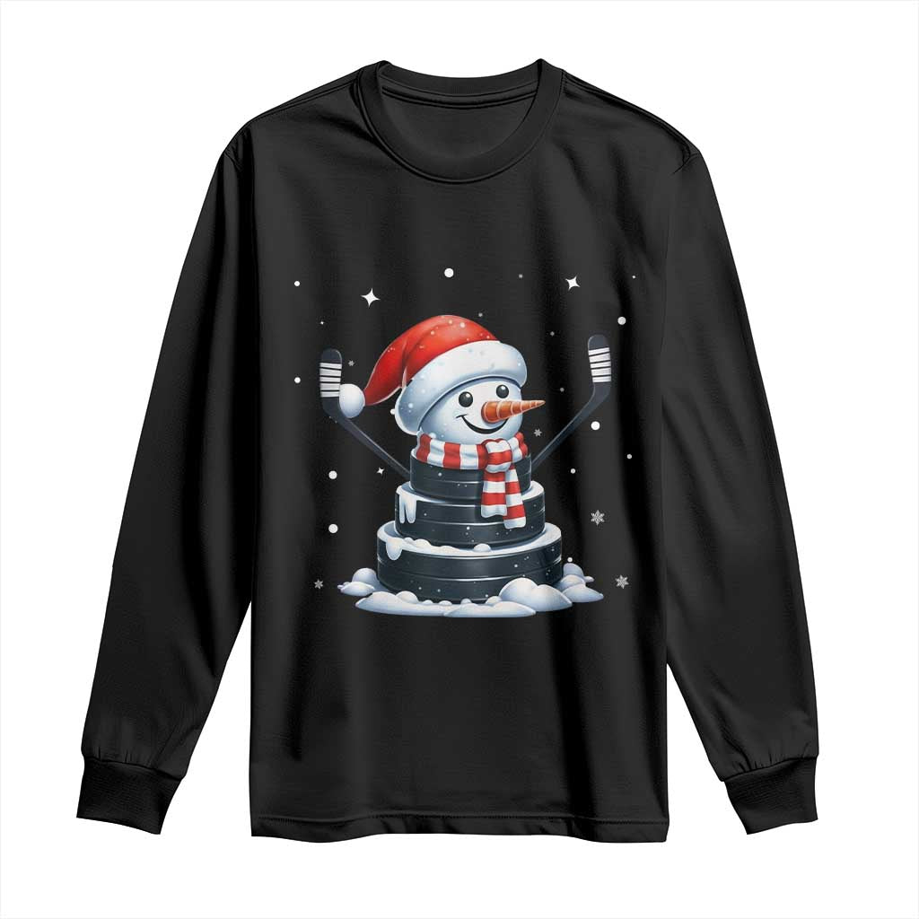 Hockey Puck Snowman Long Sleeve Shirt Funny Holiday Christmas Gift TS12 Black Print Your Wear