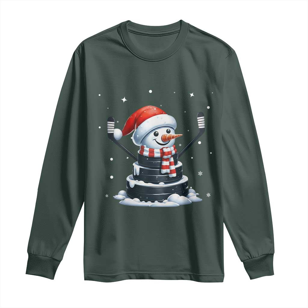 Hockey Puck Snowman Long Sleeve Shirt Funny Holiday Christmas Gift TS12 Dark Forest Green Print Your Wear