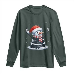 Hockey Puck Snowman Long Sleeve Shirt Funny Holiday Christmas Gift TS12 Dark Forest Green Print Your Wear