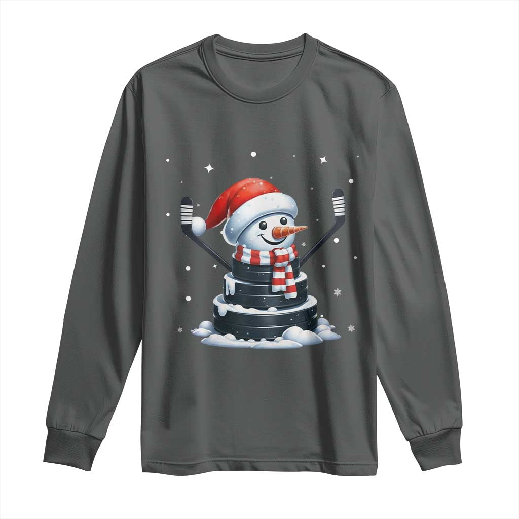 Hockey Puck Snowman Long Sleeve Shirt Funny Holiday Christmas Gift TS12 Dark Heather Print Your Wear