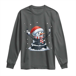 Hockey Puck Snowman Long Sleeve Shirt Funny Holiday Christmas Gift TS12 Dark Heather Print Your Wear