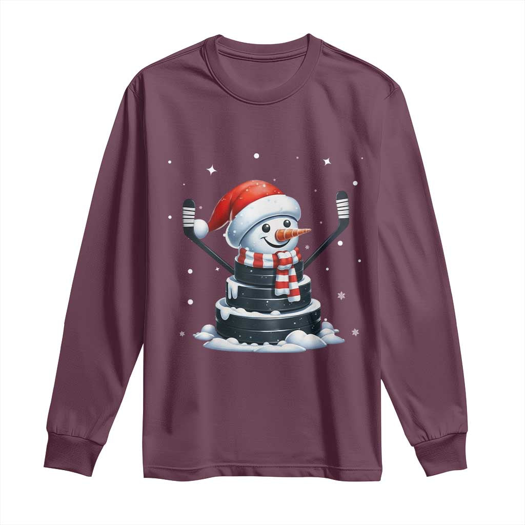 Hockey Puck Snowman Long Sleeve Shirt Funny Holiday Christmas Gift TS12 Maroon Print Your Wear