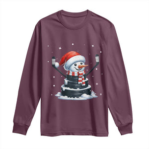 Hockey Puck Snowman Long Sleeve Shirt Funny Holiday Christmas Gift TS12 Maroon Print Your Wear