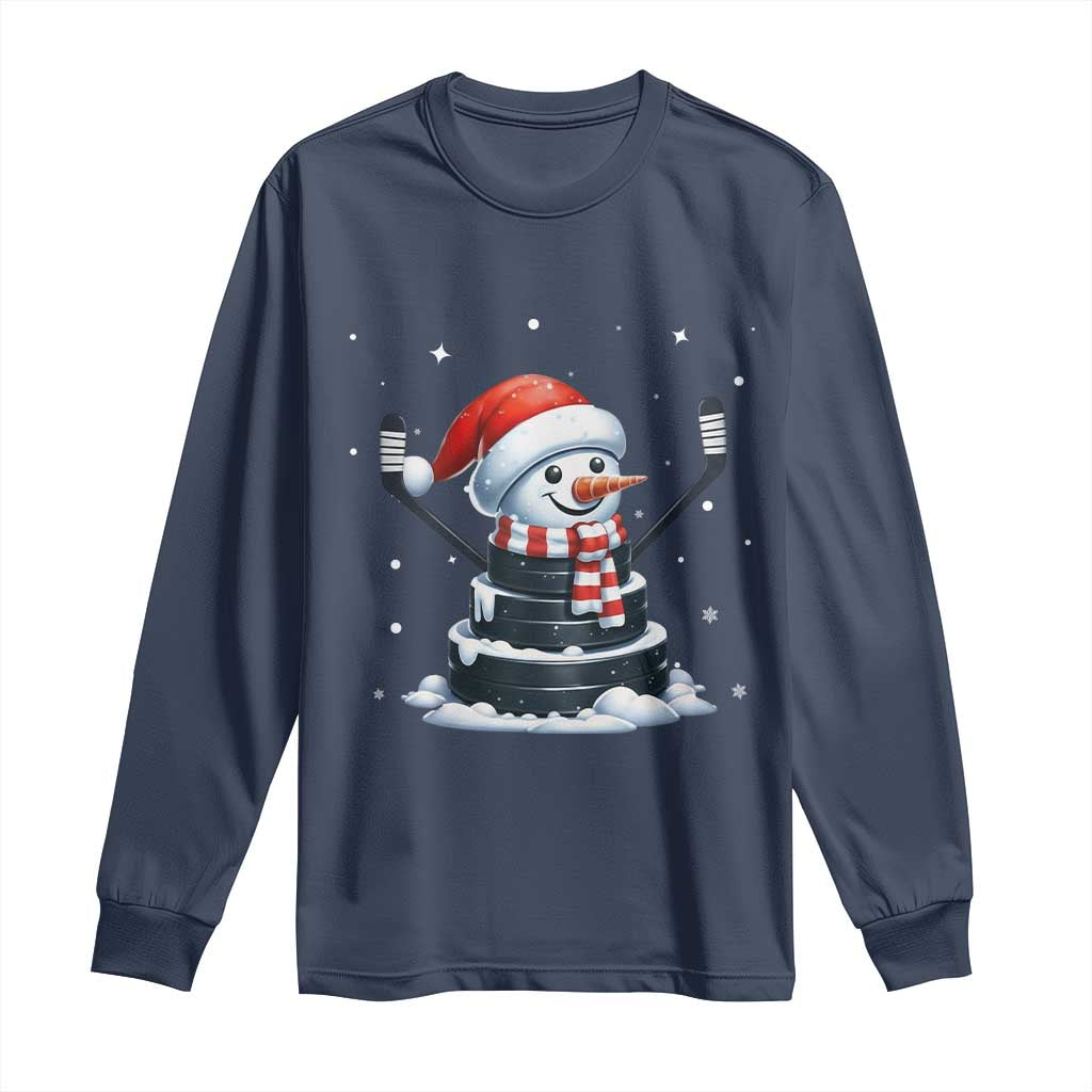 Hockey Puck Snowman Long Sleeve Shirt Funny Holiday Christmas Gift TS12 Navy Print Your Wear