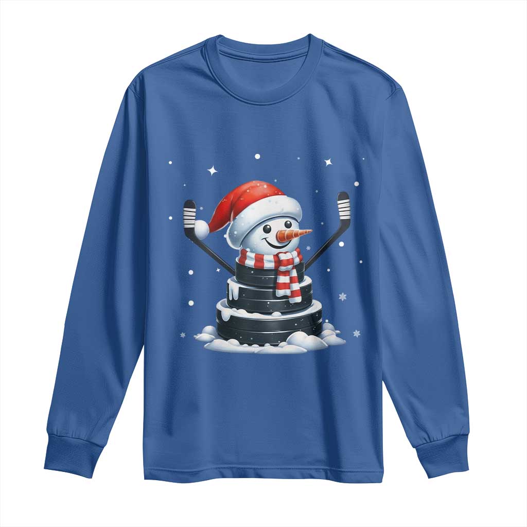 Hockey Puck Snowman Long Sleeve Shirt Funny Holiday Christmas Gift TS12 Royal Blue Print Your Wear