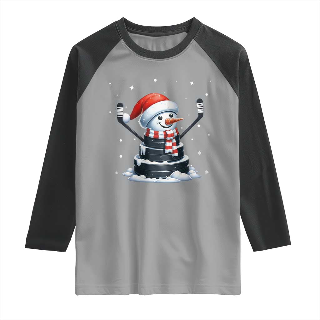 Hockey Puck Snowman Raglan Shirt Funny Holiday Christmas Gift TS12 Sport Gray Black Print Your Wear
