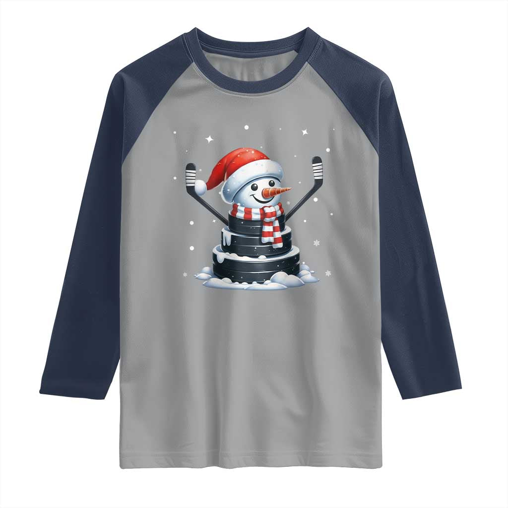 Hockey Puck Snowman Raglan Shirt Funny Holiday Christmas Gift TS12 Sport Gray Navy Print Your Wear