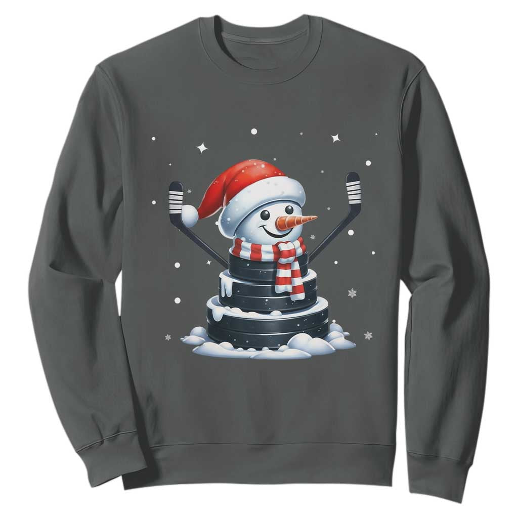 Hockey Puck Snowman Sweatshirt Funny Holiday Christmas Gift TS12 Dark Heather Print Your Wear