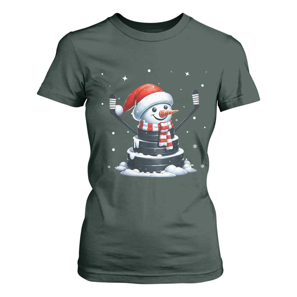 Hockey Puck Snowman T Shirt For Women Funny Holiday Christmas Gift TS12 Dark Forest Green Print Your Wear