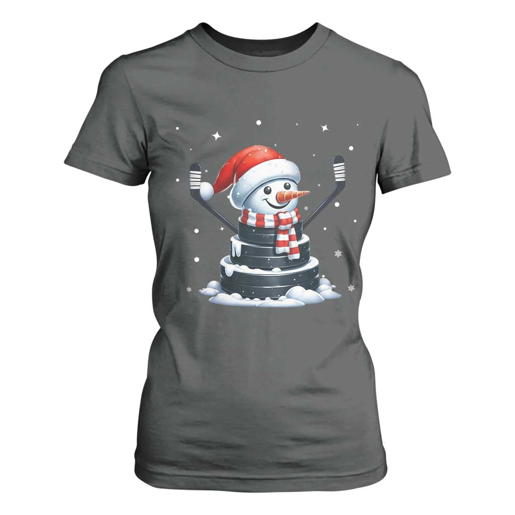 Hockey Puck Snowman T Shirt For Women Funny Holiday Christmas Gift TS12 Dark Heather Print Your Wear