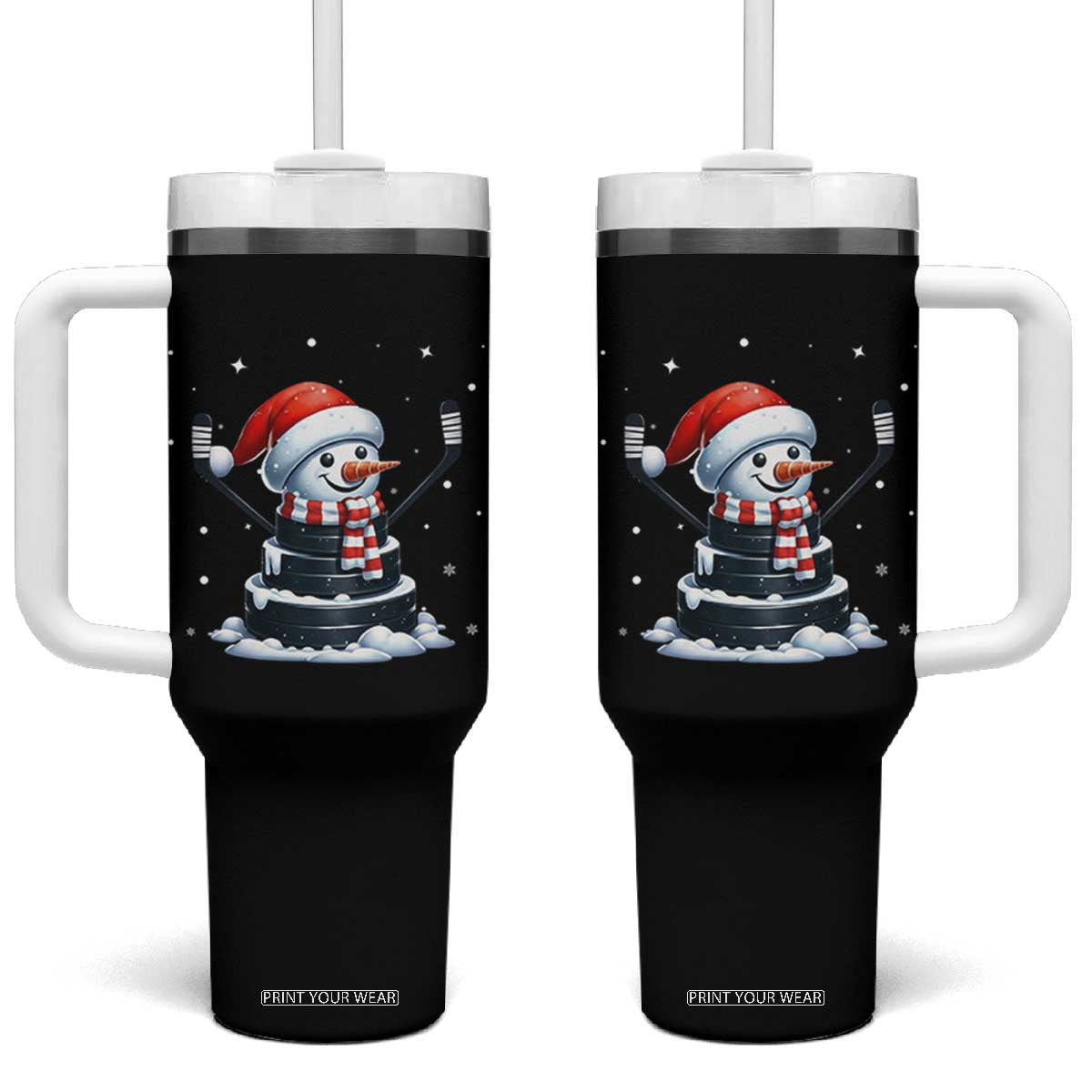 Hockey Puck Snowman Tumbler With Handle Funny Holiday Christmas Gift TS12 One Size: 40 oz Black Print Your Wear