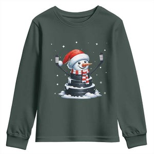 Hockey Puck Snowman Youth Sweatshirt Funny Holiday Christmas Gift TS12 Dark Forest Green Print Your Wear