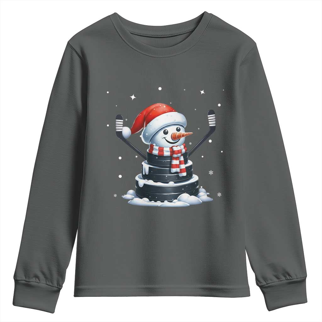 Hockey Puck Snowman Youth Sweatshirt Funny Holiday Christmas Gift TS12 Dark Heather Print Your Wear