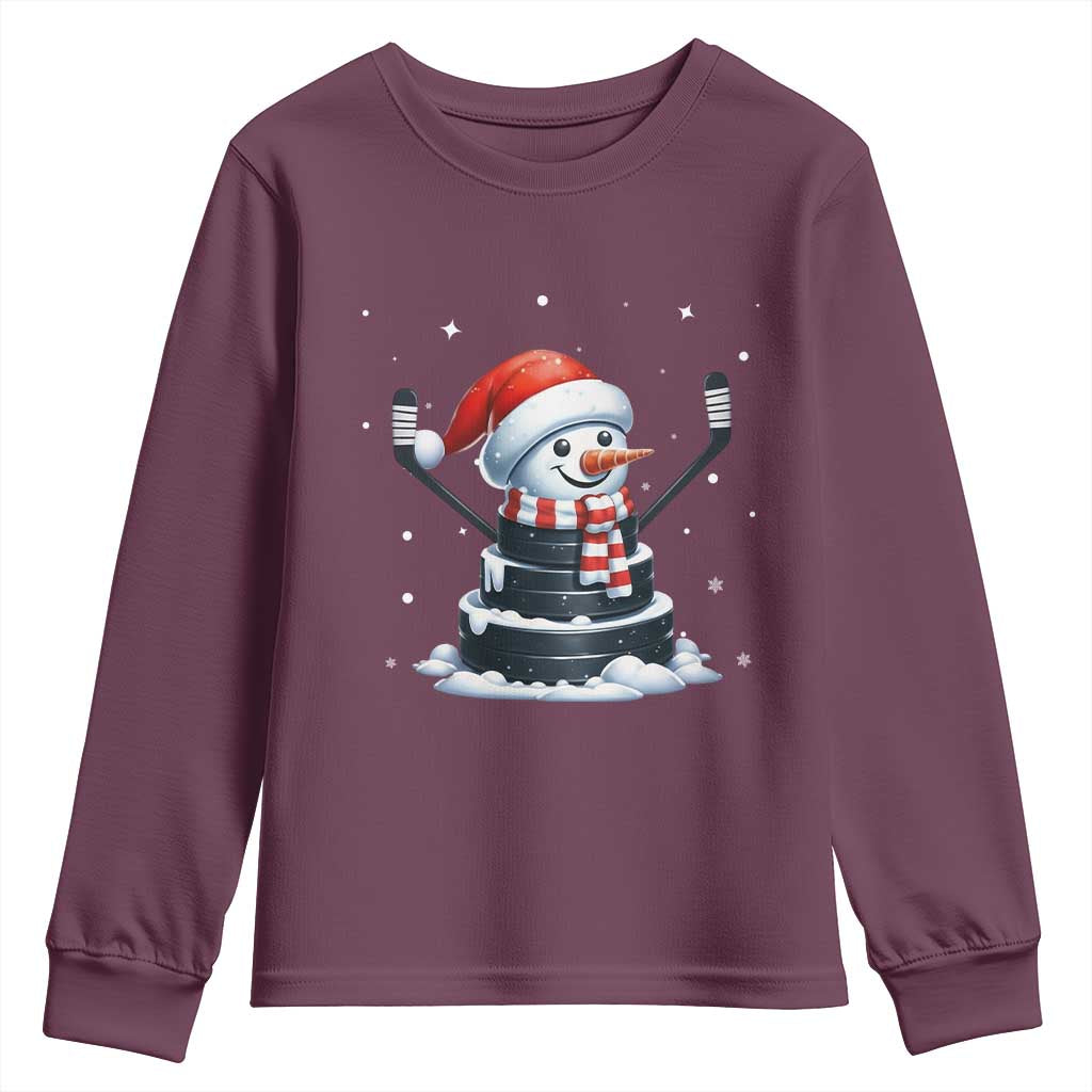 Hockey Puck Snowman Youth Sweatshirt Funny Holiday Christmas Gift TS12 Maroon Print Your Wear