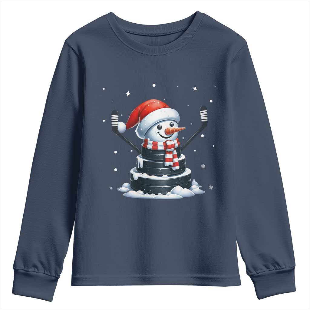 Hockey Puck Snowman Youth Sweatshirt Funny Holiday Christmas Gift TS12 Navy Print Your Wear