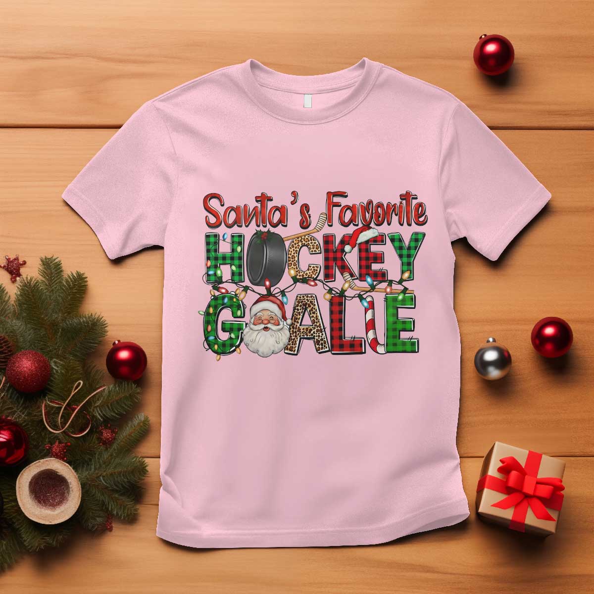 Santa Favorite Hockey Goalie T Shirt Funny Christmas Gift TS12 Light Pink Print Your Wear