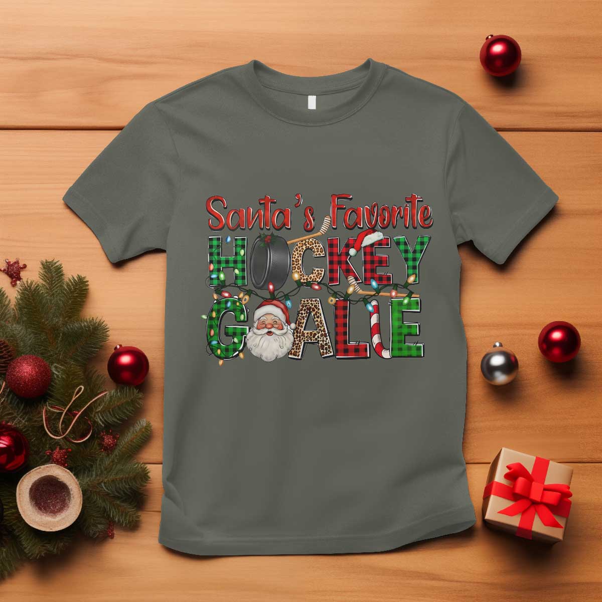 Santa Favorite Hockey Goalie T Shirt Funny Christmas Gift TS12 Military Green Print Your Wear