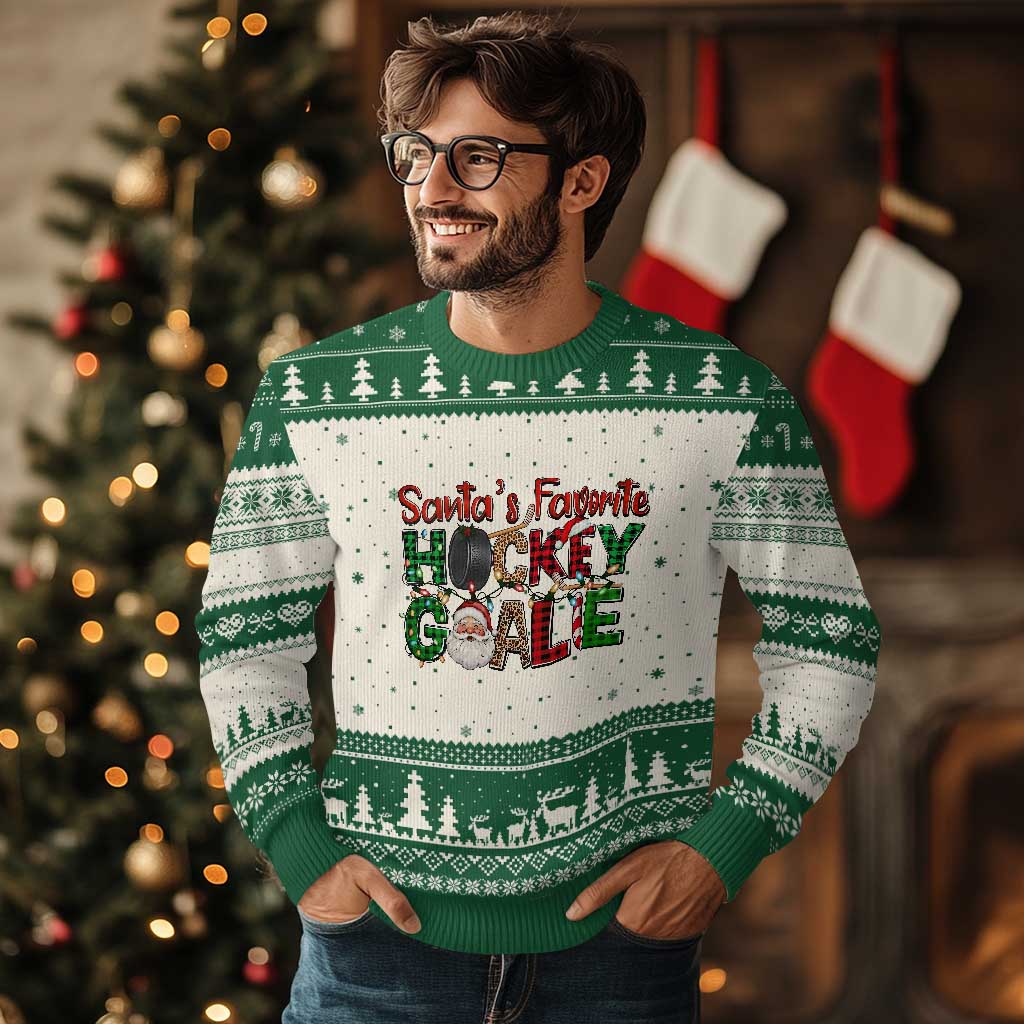 Santa Favorite Hockey Goalie Ugly Christmas Sweater Funny Xmas Gift TS12 Beige Green Print Your Wear