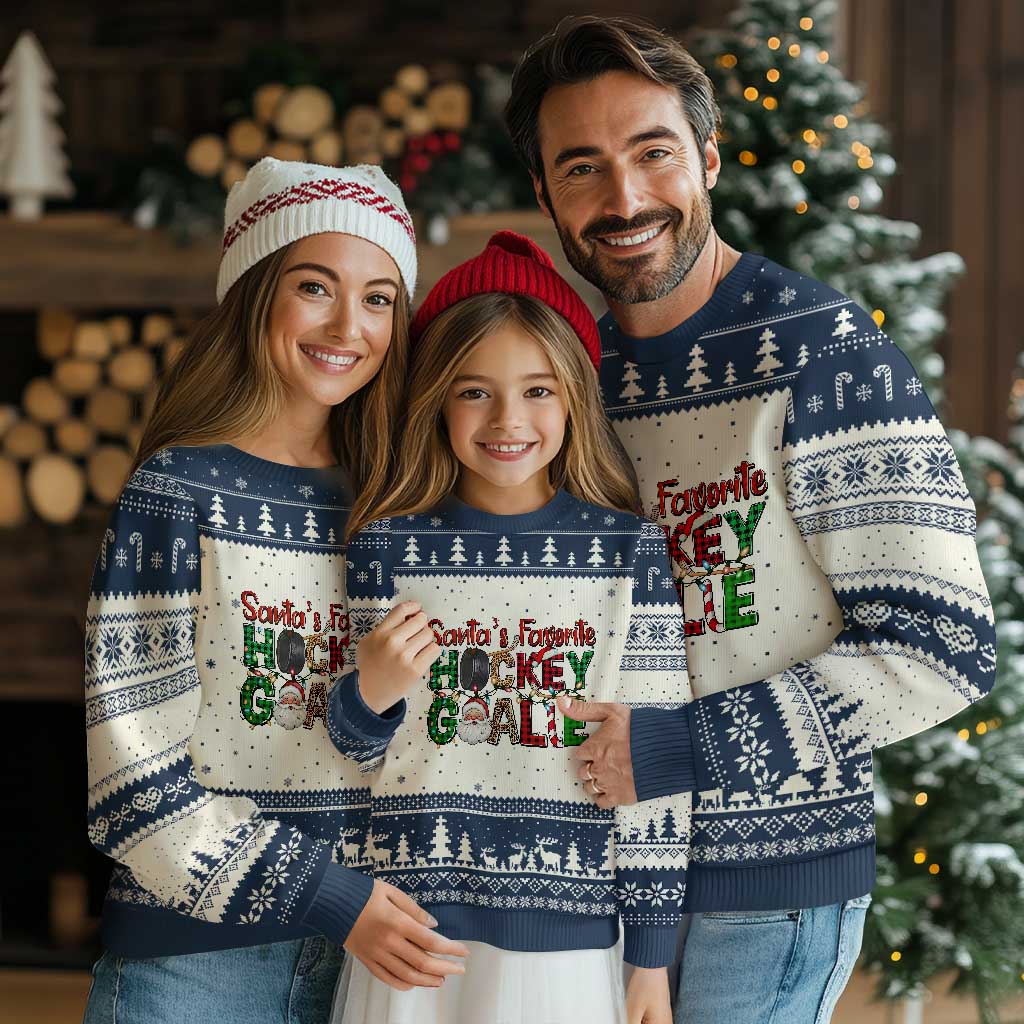 Santa Favorite Hockey Goalie Ugly Christmas Sweater Funny Xmas Gift TS12 Beige Navy Print Your Wear