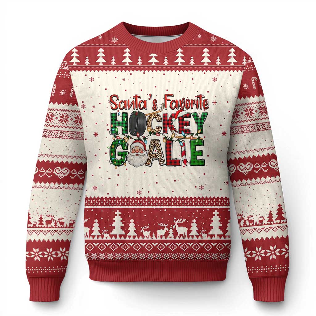 Santa Favorite Hockey Goalie Ugly Christmas Sweater Funny Xmas Gift TS12 Beige Red Print Your Wear