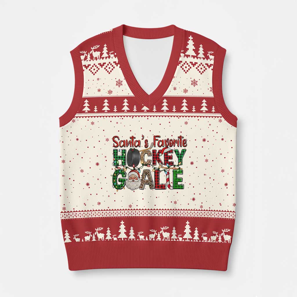 Santa Favorite Hockey Goalie V-Neck Knit Sweater Vest Funny Xmas Gift TS12 Beige Red Print Your Wear