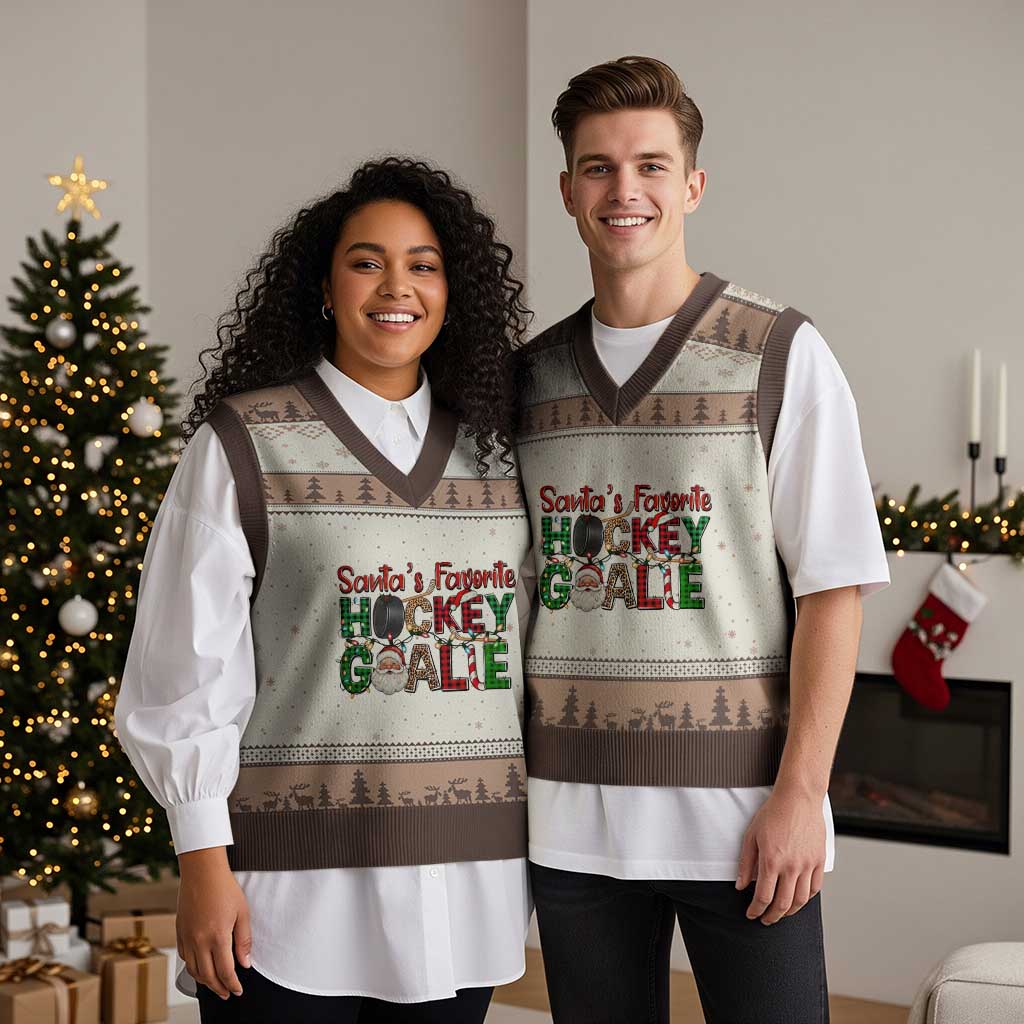 Santa Favorite Hockey Goalie V-Neck Knit Sweater Vest Funny Xmas Gift TS12 Mocha Mousse Print Your Wear