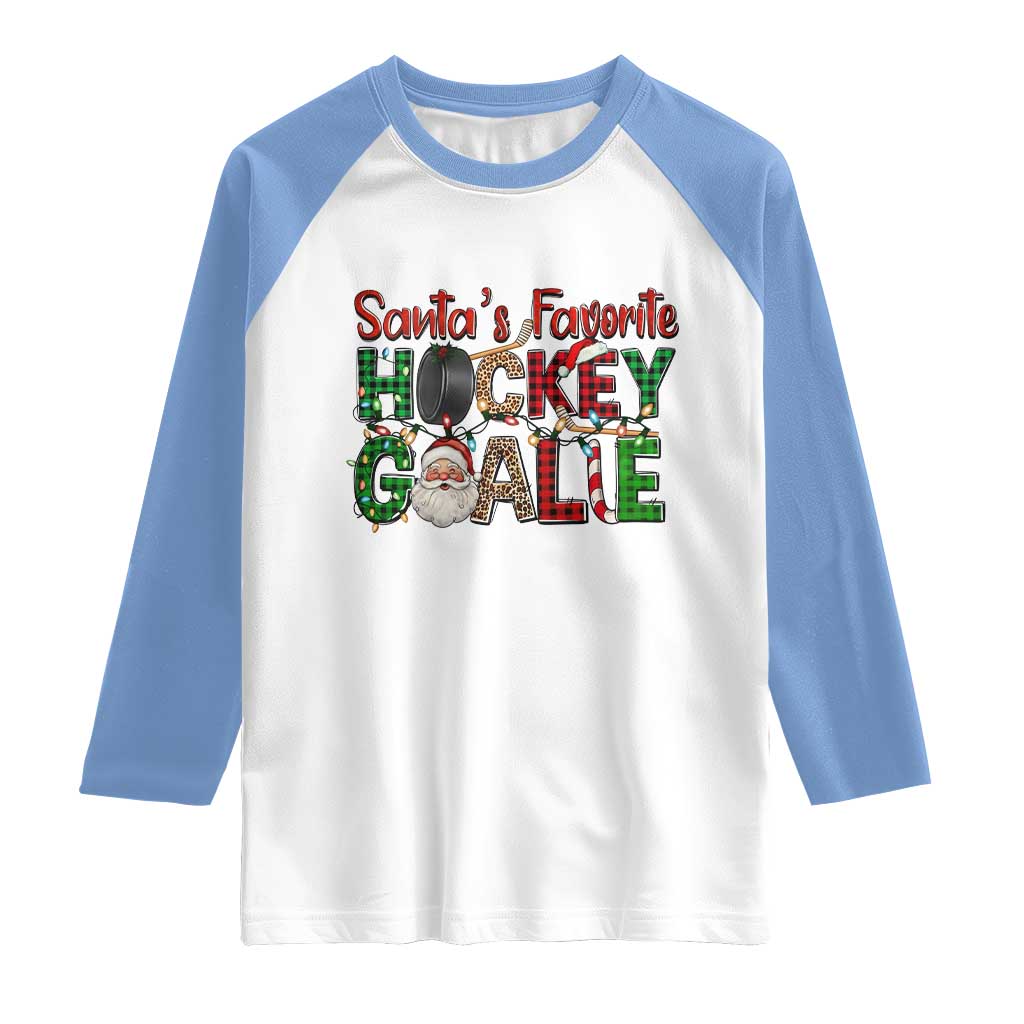 Santa Favorite Hockey Goalie Raglan Shirt Funny Christmas Gift TS12 White Carolina Blue Print Your Wear