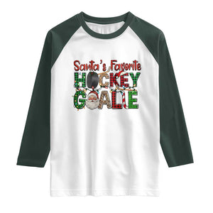 Santa Favorite Hockey Goalie Raglan Shirt Funny Christmas Gift TS12 White Dark Forest Green Print Your Wear