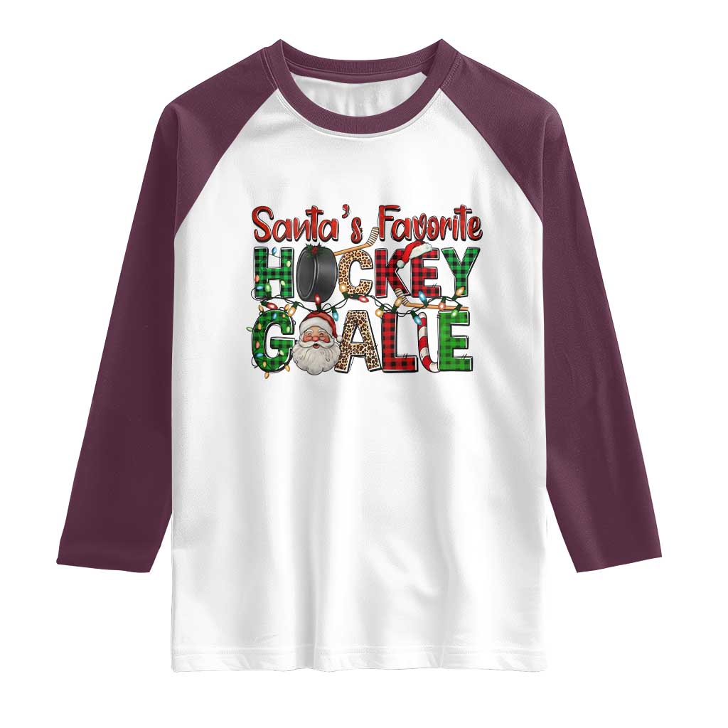 Santa Favorite Hockey Goalie Raglan Shirt Funny Christmas Gift TS12 White Maroon Print Your Wear