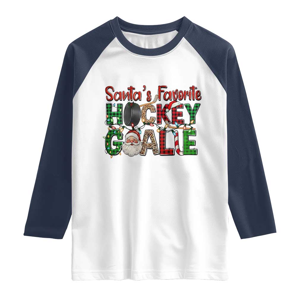 Santa Favorite Hockey Goalie Raglan Shirt Funny Christmas Gift TS12 White Navy Print Your Wear