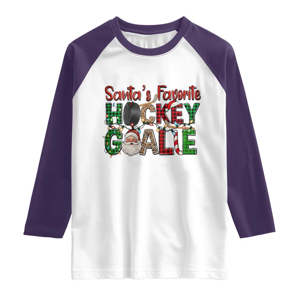 Santa Favorite Hockey Goalie Raglan Shirt Funny Christmas Gift TS12 White Purple Print Your Wear