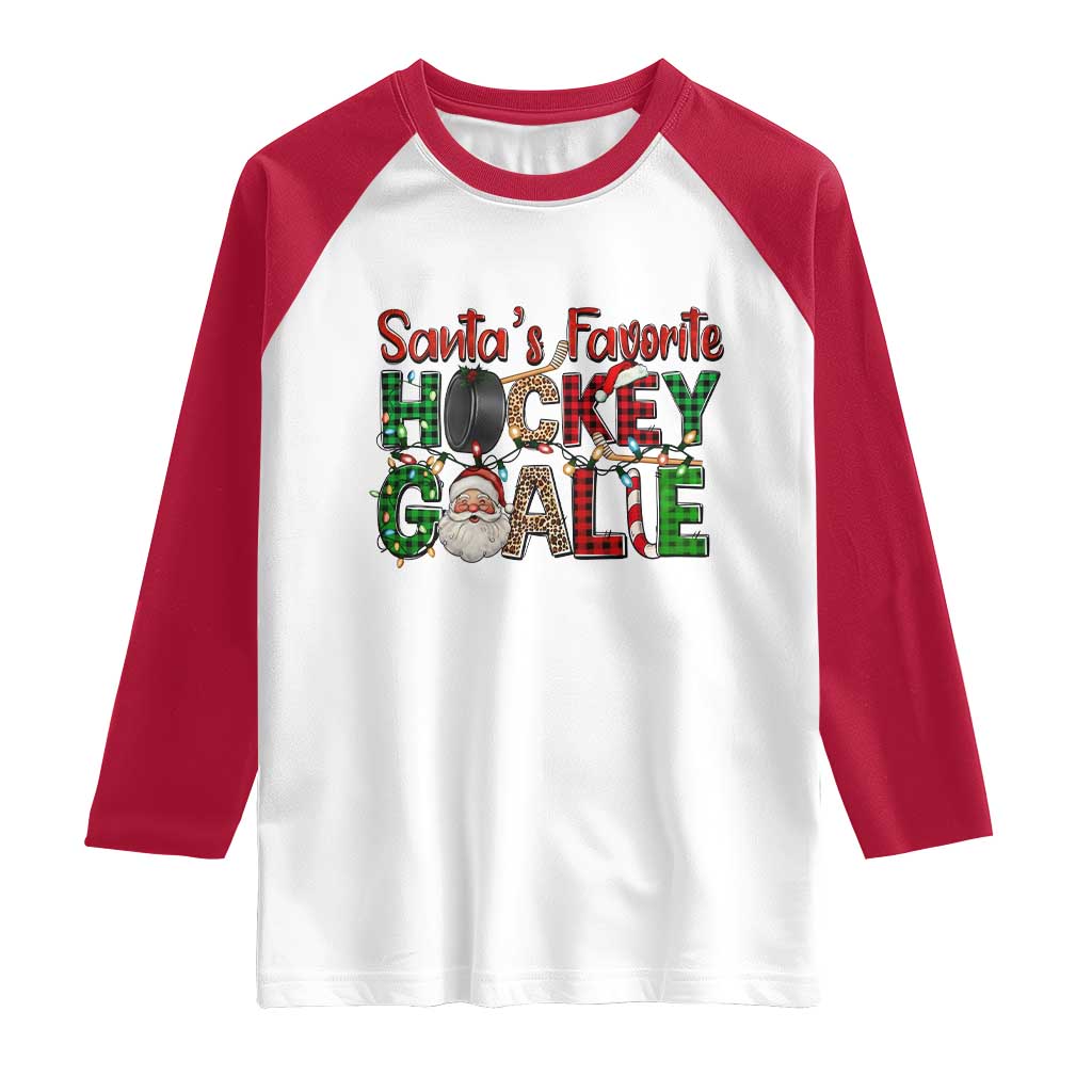 Santa Favorite Hockey Goalie Raglan Shirt Funny Christmas Gift TS12 White Red Print Your Wear