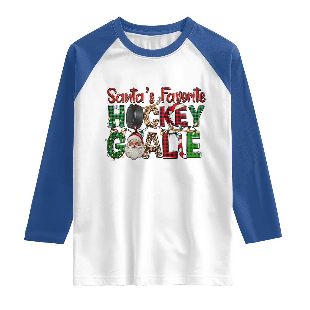Santa Favorite Hockey Goalie Raglan Shirt Funny Christmas Gift TS12 White Royal Print Your Wear