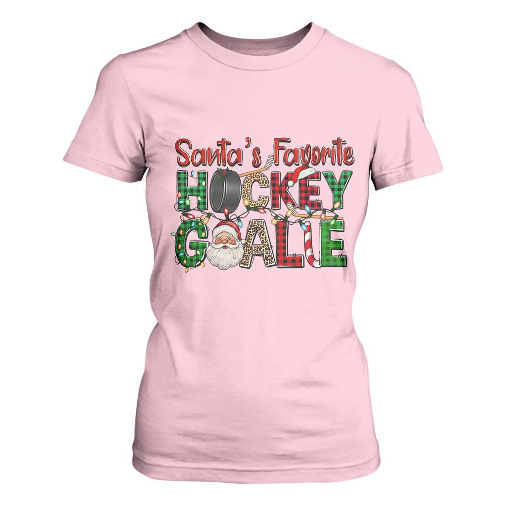 Santa Favorite Hockey Goalie T Shirt For Women Funny Christmas Gift TS12 Light Pink Print Your Wear